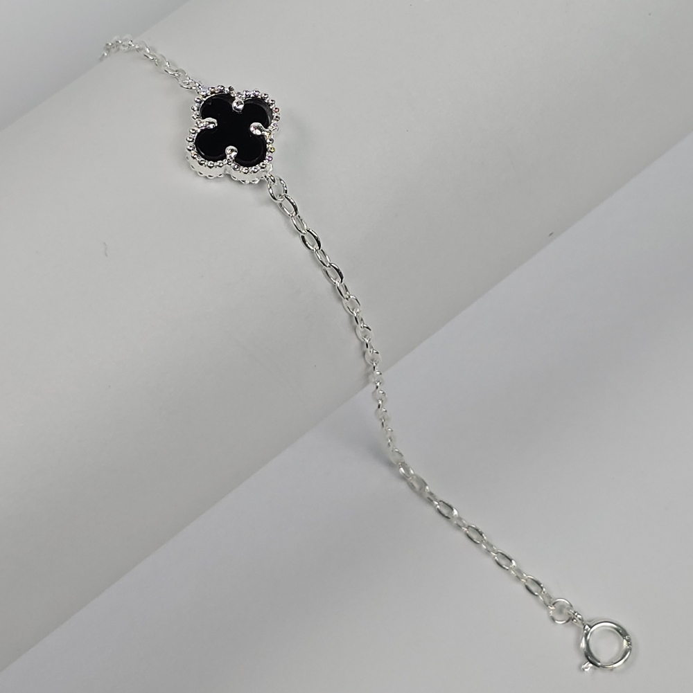 Black Clover Insp. Bracelet 925 Sterling Silver 10mm Flower Adjust. 17-21cm
